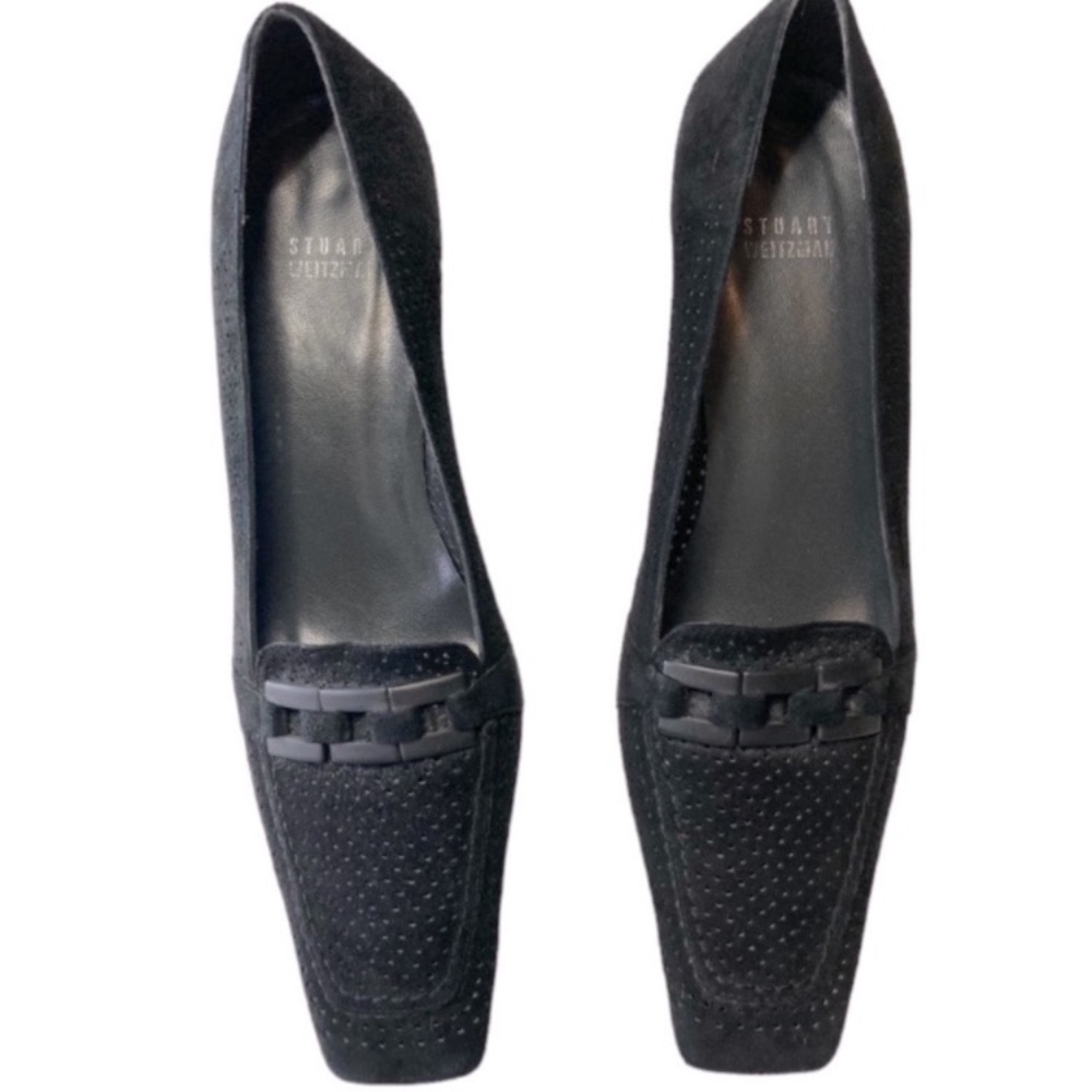 Stuart Weitzman Perforated Black Leather Square Toe Pumps Heels Size 8.5